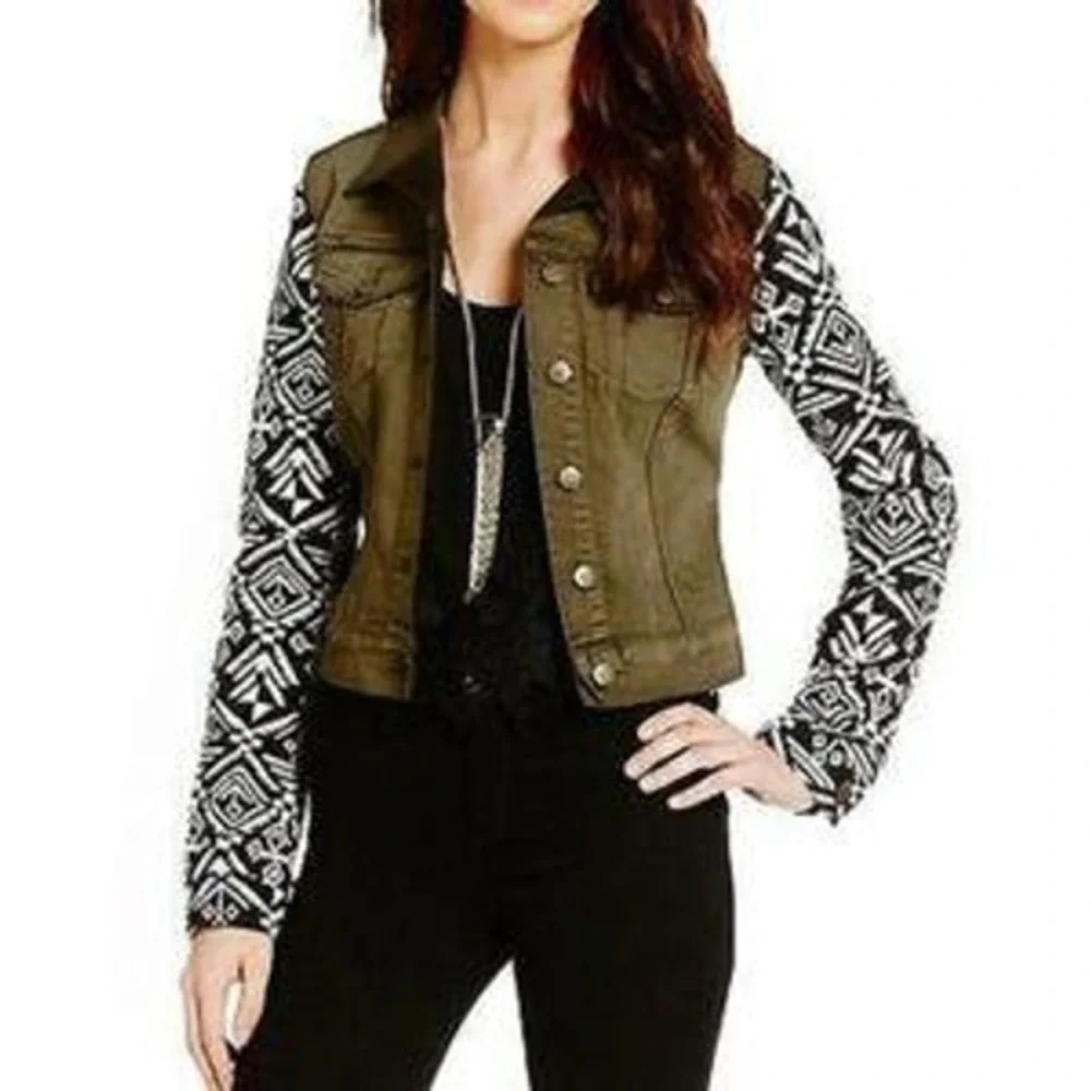 Jessica Simpson Pixie Denim Jacket Women Small Olive Green Aztec Tribal‎ Sleeves